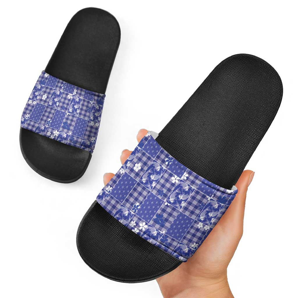 Blue Palaka Japanese Patterns Slide Sandals Koi Fish Asanoha Sakura Patchwork Stylized LT14 - Polynesian Pride
