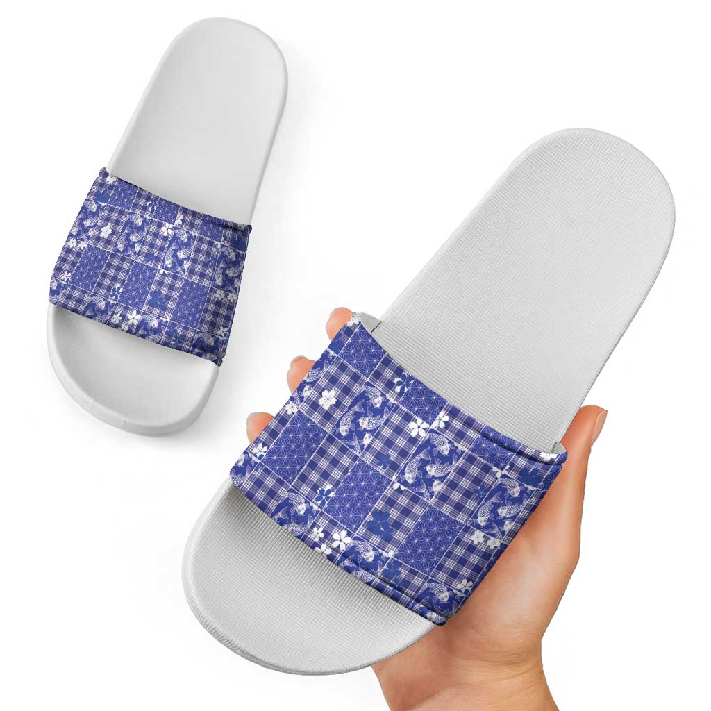 Blue Palaka Japanese Patterns Slide Sandals Koi Fish Asanoha Sakura Patchwork Stylized LT14 - Polynesian Pride