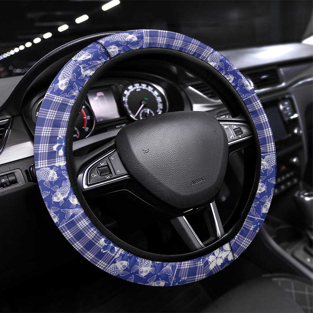 Blue Palaka Japanese Patterns Steering Wheel Cover Koi Fish Asanoha Sakura Patchwork Stylized LT14 Universal Fit Blue - Polynesian Pride
