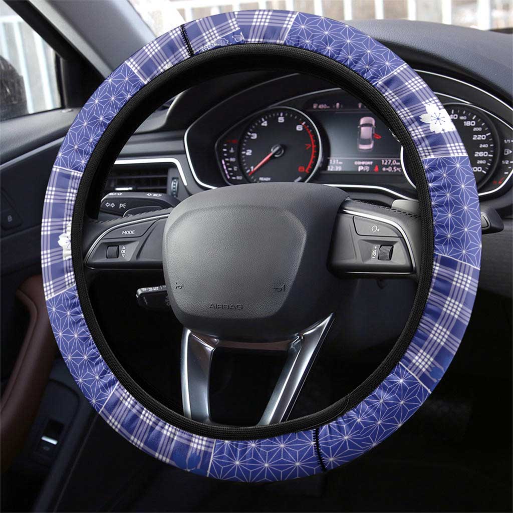 Blue Palaka Japanese Patterns Steering Wheel Cover Koi Fish Asanoha Sakura Patchwork Stylized LT14 - Polynesian Pride