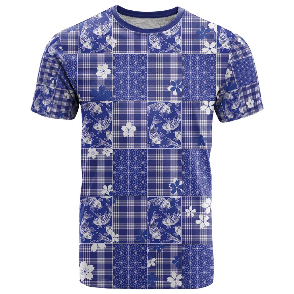 Blue Palaka Japanese Patterns T Shirt Koi Fish Asanoha Sakura Patchwork Stylized - Polynesian Pride