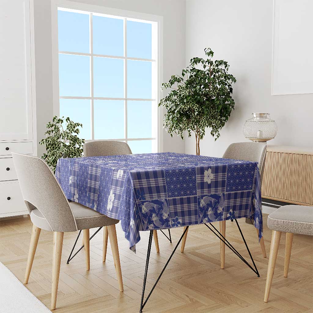Blue Palaka Japanese Patterns Tablecloth Koi Fish Asanoha Sakura Patchwork Stylized - Polynesian Pride