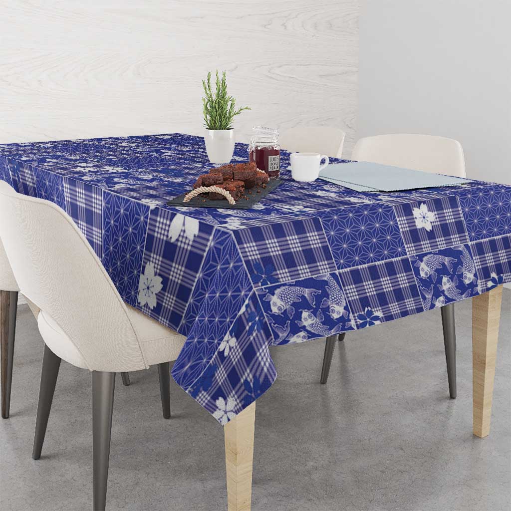 Blue Palaka Japanese Patterns Tablecloth Koi Fish Asanoha Sakura Patchwork Stylized - Polynesian Pride