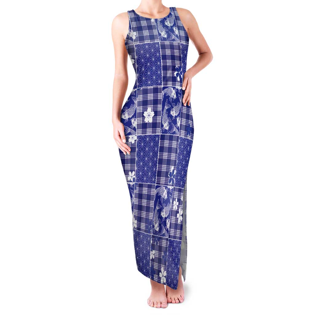 Blue Palaka Japanese Patterns Tank Maxi Dress Koi Fish Asanoha Sakura Patchwork Stylized LT14 Women Blue - Polynesian Pride