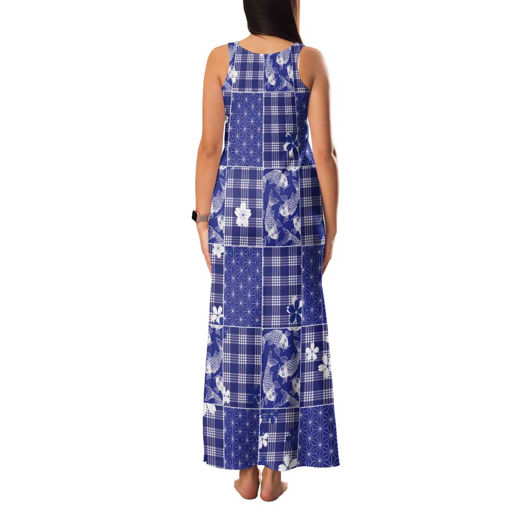 Blue Palaka Japanese Patterns Tank Maxi Dress Koi Fish Asanoha Sakura Patchwork Stylized LT14 - Polynesian Pride