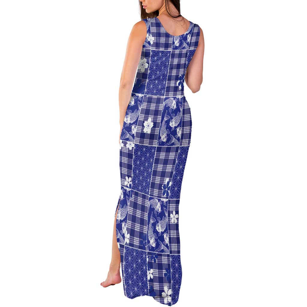 Blue Palaka Japanese Patterns Tank Maxi Dress Koi Fish Asanoha Sakura Patchwork Stylized LT14 - Polynesian Pride