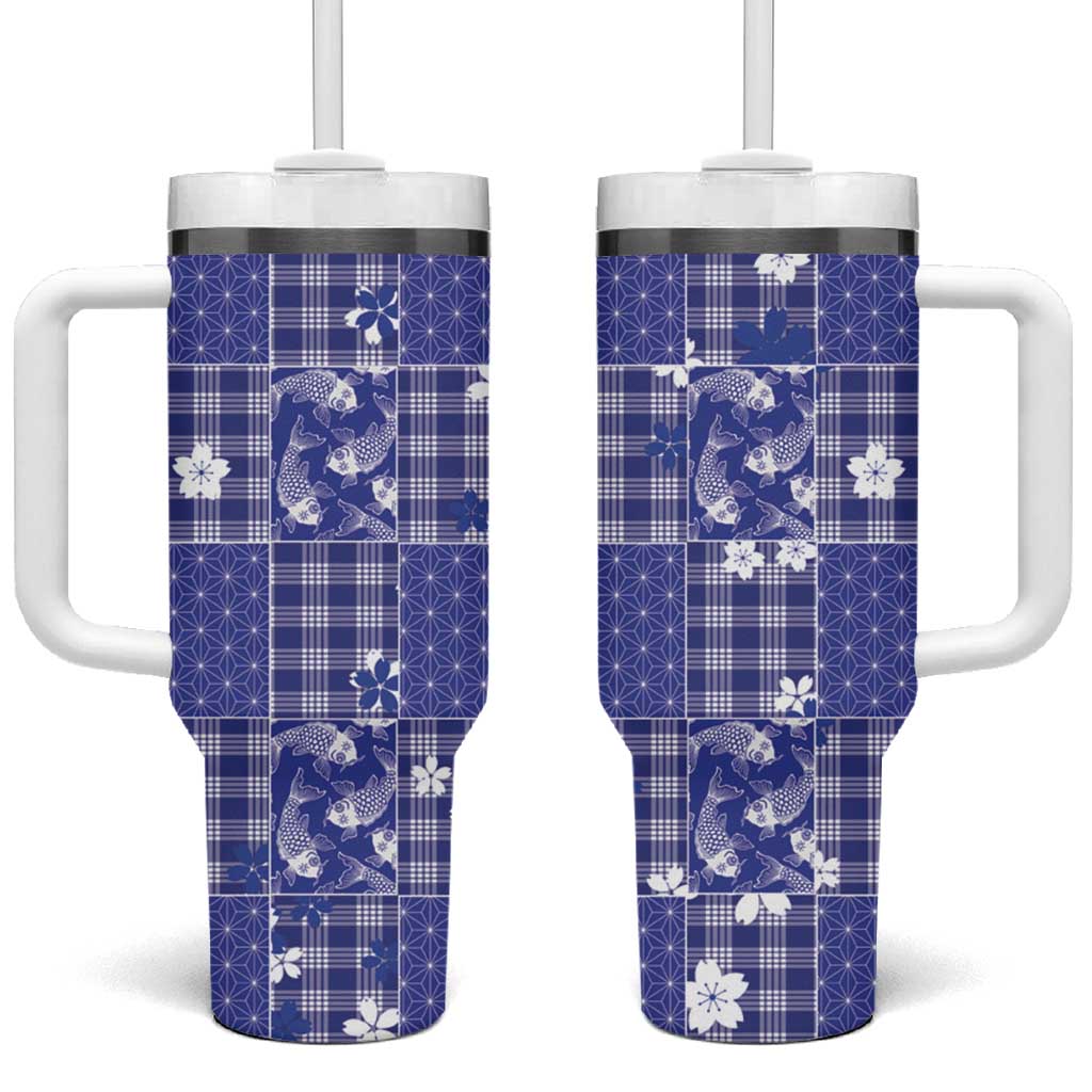 Blue Palaka Japanese Patterns Tumbler With Handle Koi Fish Asanoha Sakura Patchwork Stylized - Polynesian Pride