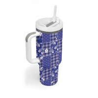 Blue Palaka Japanese Patterns Tumbler With Handle Koi Fish Asanoha Sakura Patchwork Stylized LT14 - Polynesian Pride