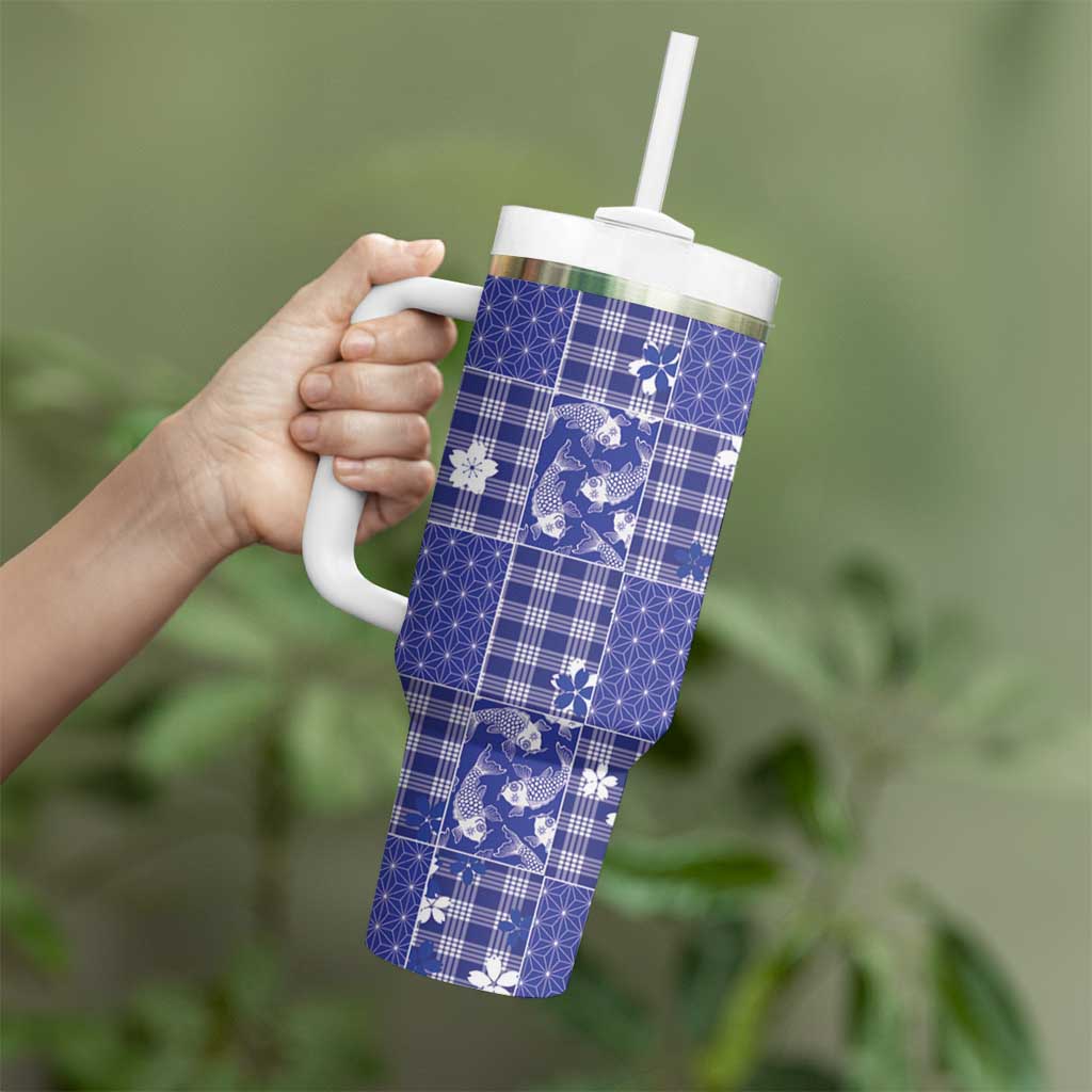 Blue Palaka Japanese Patterns Tumbler With Handle Koi Fish Asanoha Sakura Patchwork Stylized LT14 - Polynesian Pride