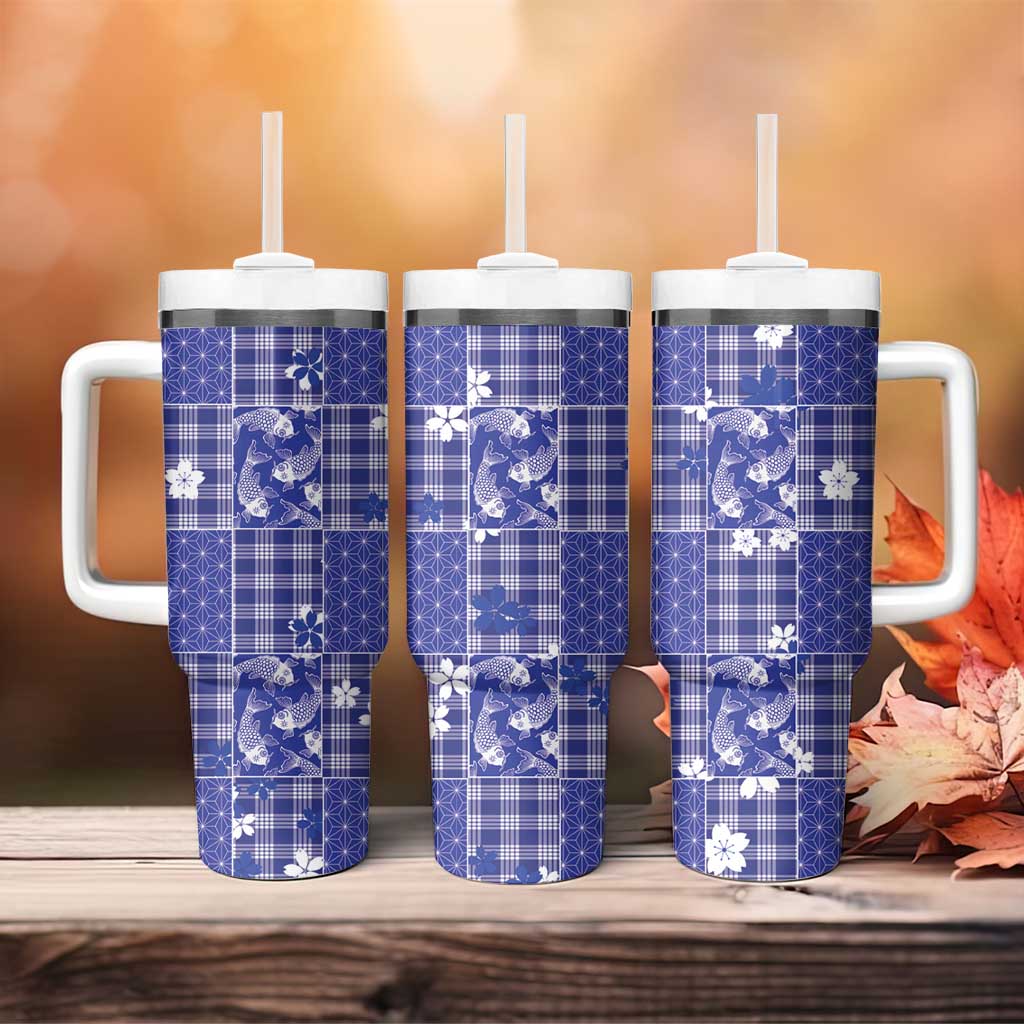 Blue Palaka Japanese Patterns Tumbler With Handle Koi Fish Asanoha Sakura Patchwork Stylized LT14 - Polynesian Pride