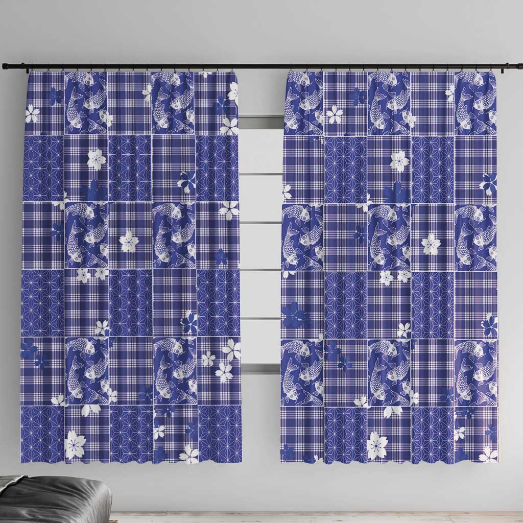 Blue Palaka Japanese Patterns Window Curtain Koi Fish Asanoha Sakura Patchwork Stylized LT14 With Hooks Blue - Polynesian Pride