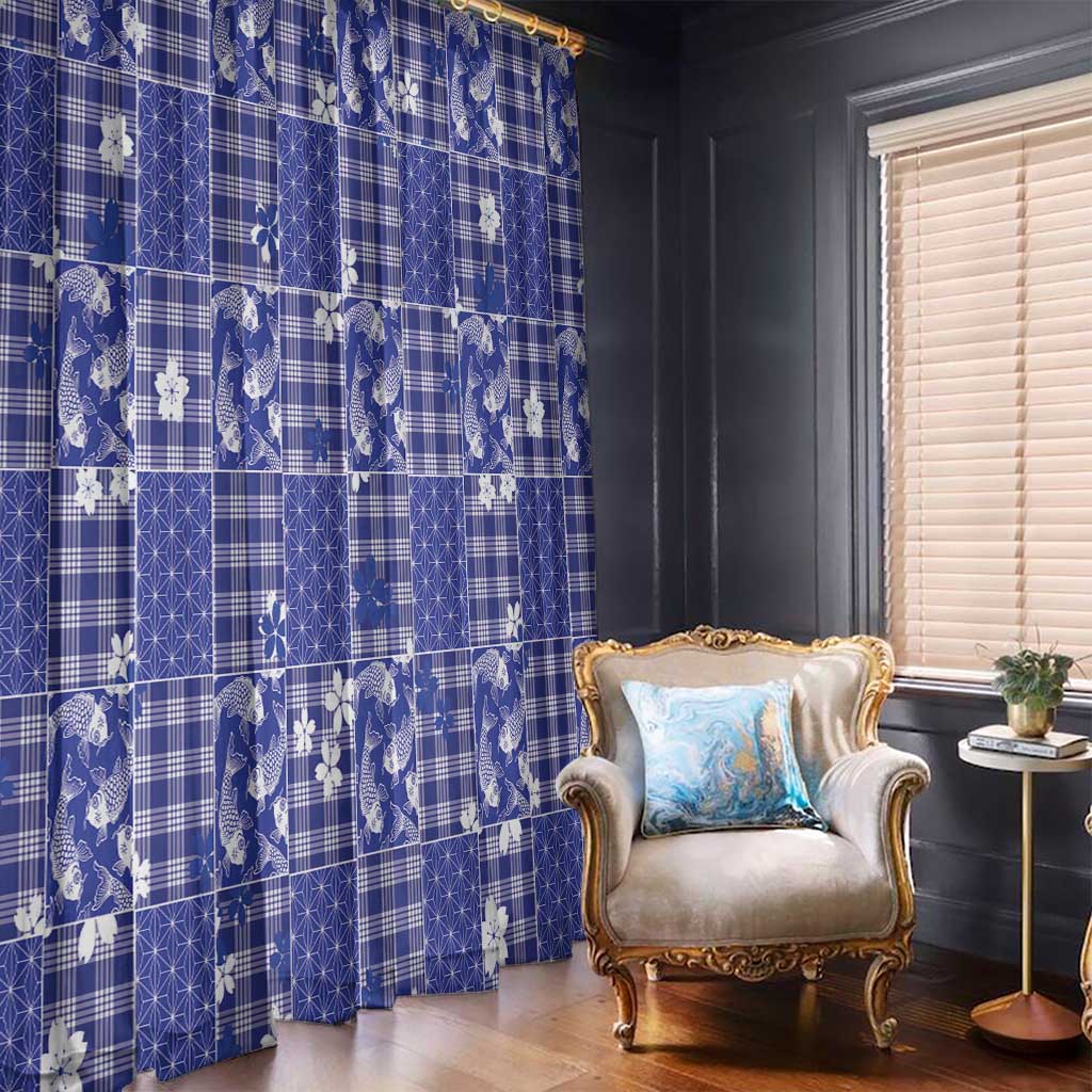Blue Palaka Japanese Patterns Window Curtain Koi Fish Asanoha Sakura Patchwork Stylized LT14 - Polynesian Pride