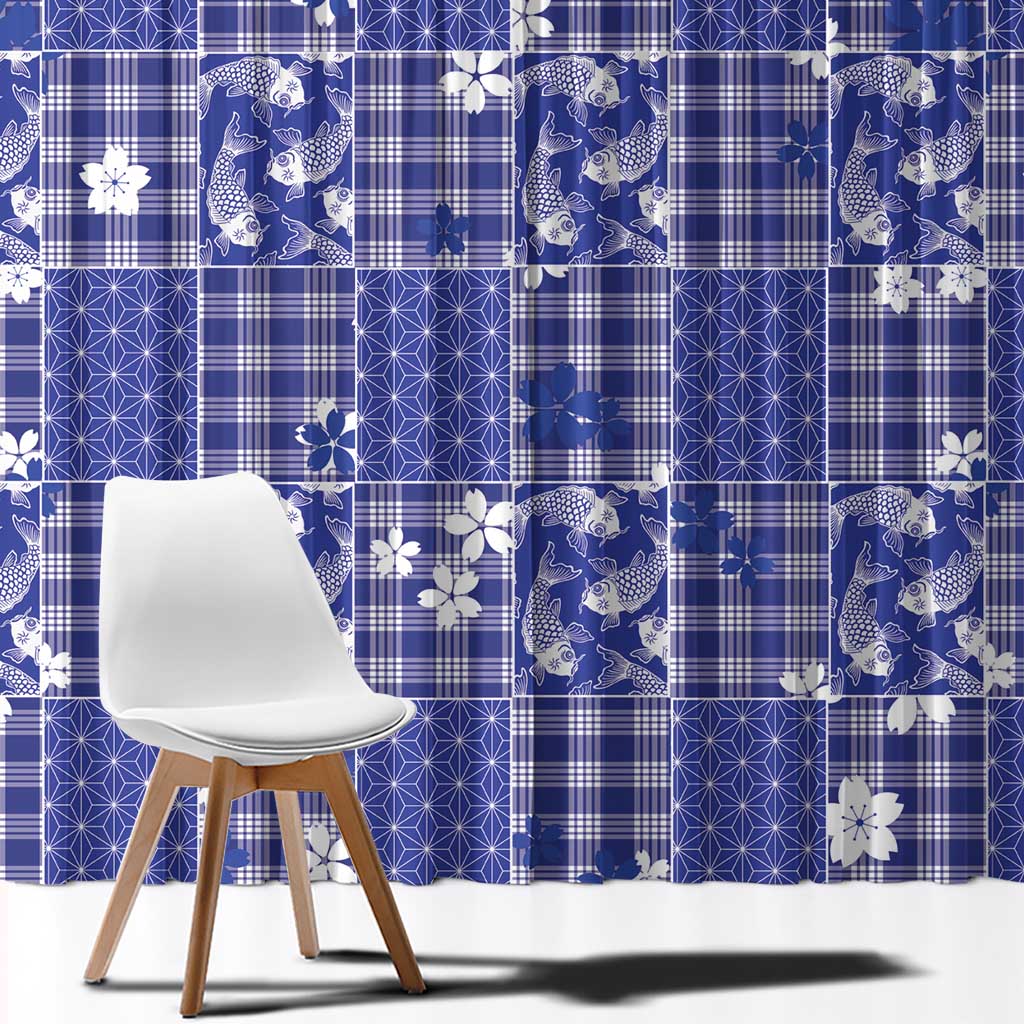 Blue Palaka Japanese Patterns Window Curtain Koi Fish Asanoha Sakura Patchwork Stylized LT14 - Polynesian Pride