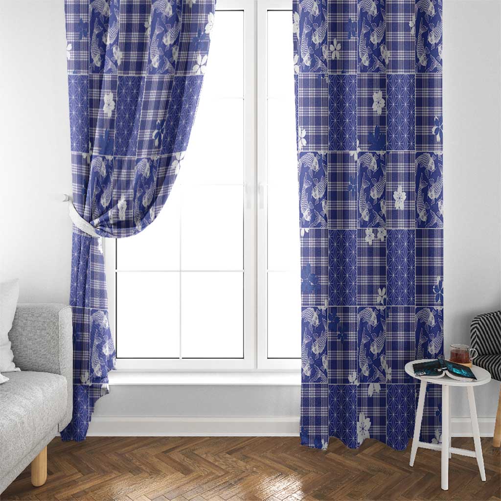 Blue Palaka Japanese Patterns Window Curtain Koi Fish Asanoha Sakura Patchwork Stylized LT14 - Polynesian Pride