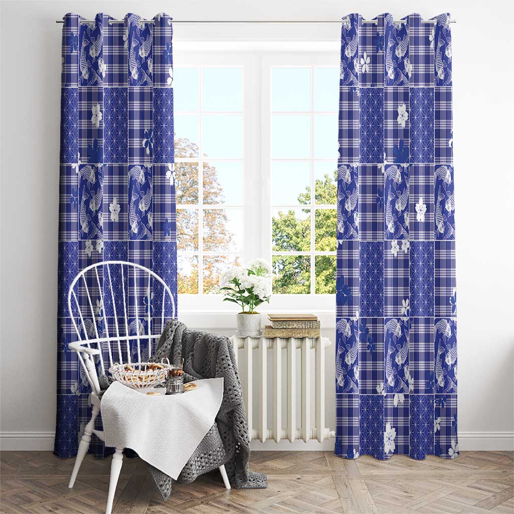 Blue Palaka Japanese Patterns Window Curtain Koi Fish Asanoha Sakura Patchwork Stylized LT14 - Polynesian Pride