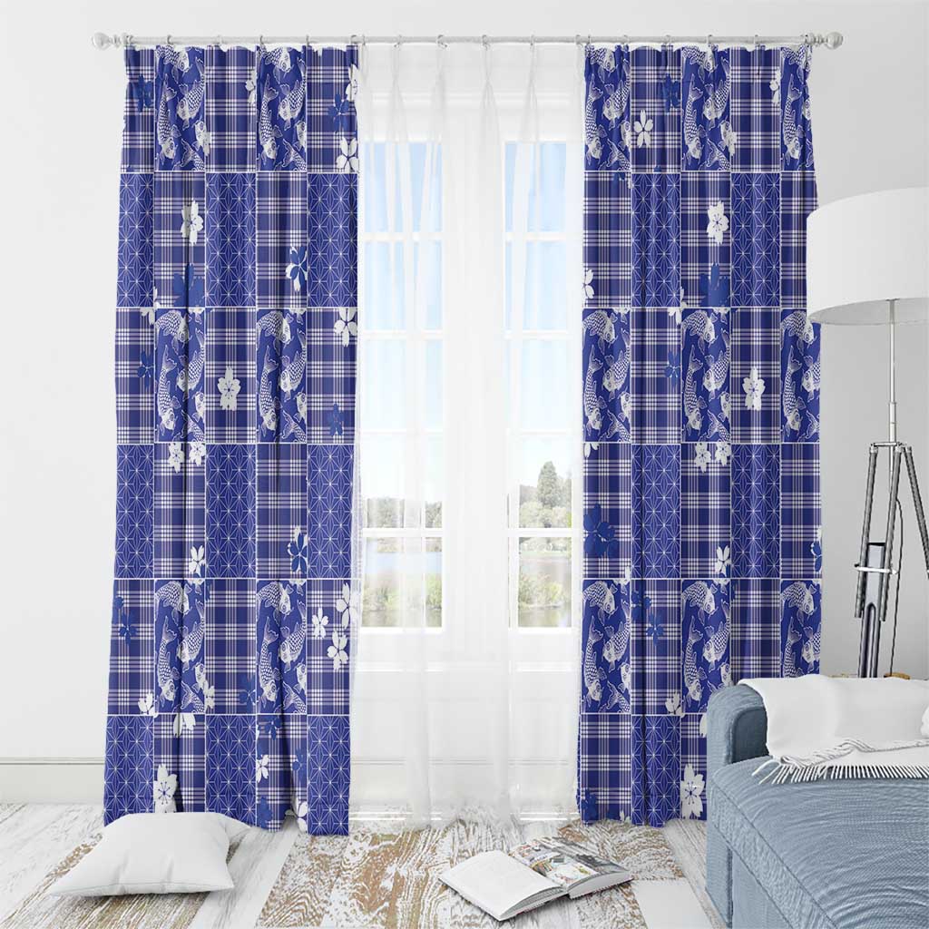 Blue Palaka Japanese Patterns Window Curtain Koi Fish Asanoha Sakura Patchwork Stylized LT14 - Polynesian Pride