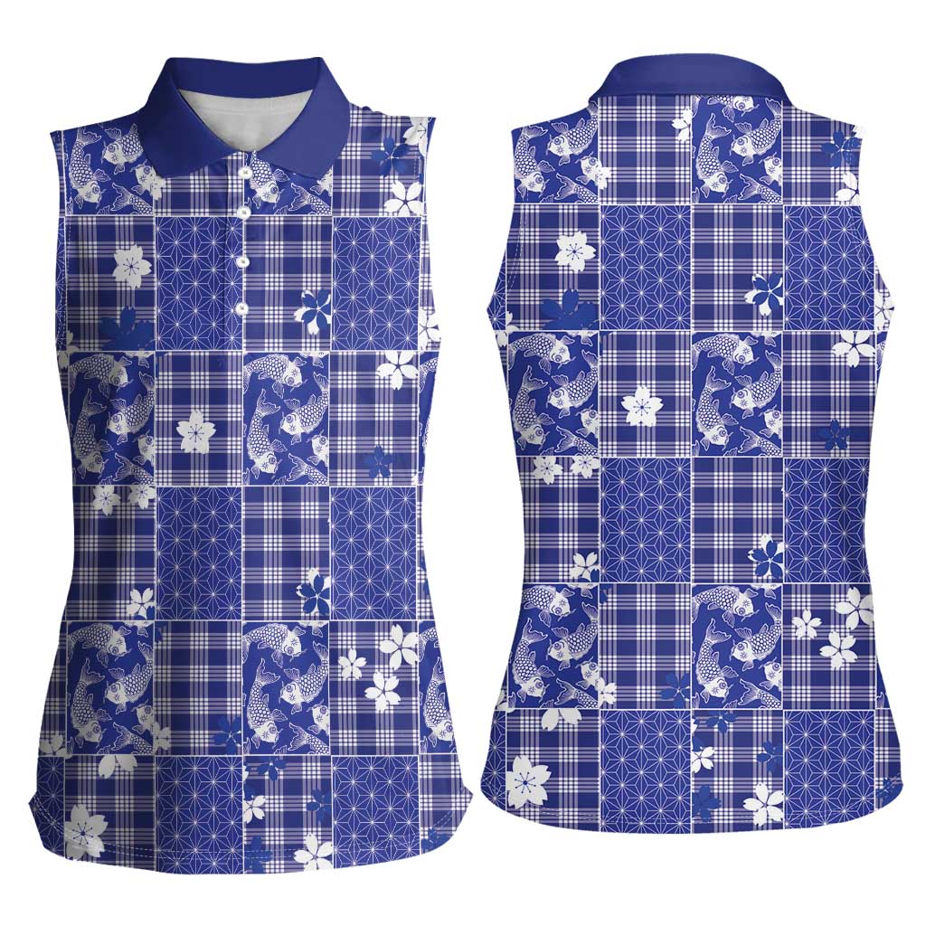 Blue Palaka Japanese Patterns Women Sleeveless Polo Shirt Koi Fish Asanoha Sakura Patchwork Stylized - Polynesian Pride