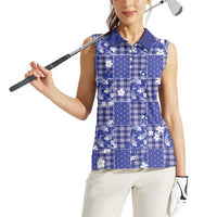 Blue Palaka Japanese Patterns Women Sleeveless Polo Shirt Koi Fish Asanoha Sakura Patchwork Stylized - Polynesian Pride