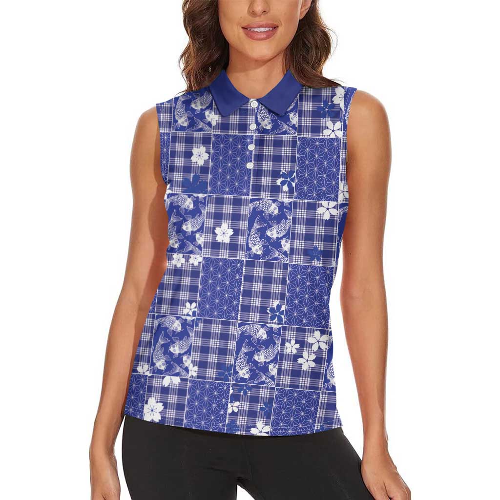Blue Palaka Japanese Patterns Women Sleeveless Polo Shirt Koi Fish Asanoha Sakura Patchwork Stylized - Polynesian Pride