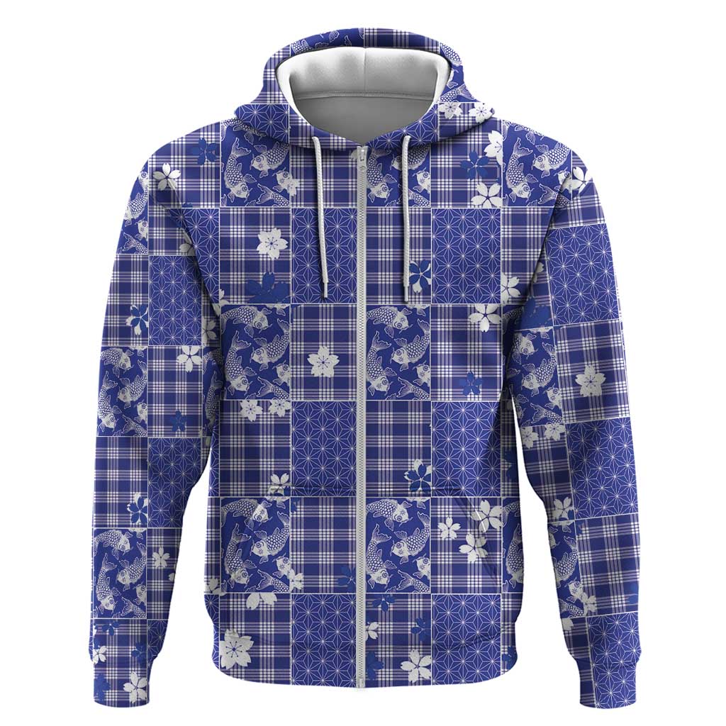 Blue Palaka Japanese Patterns Zip Hoodie Koi Fish Asanoha Sakura Patchwork Stylized LT14 Zip Hoodie Blue - Polynesian Pride