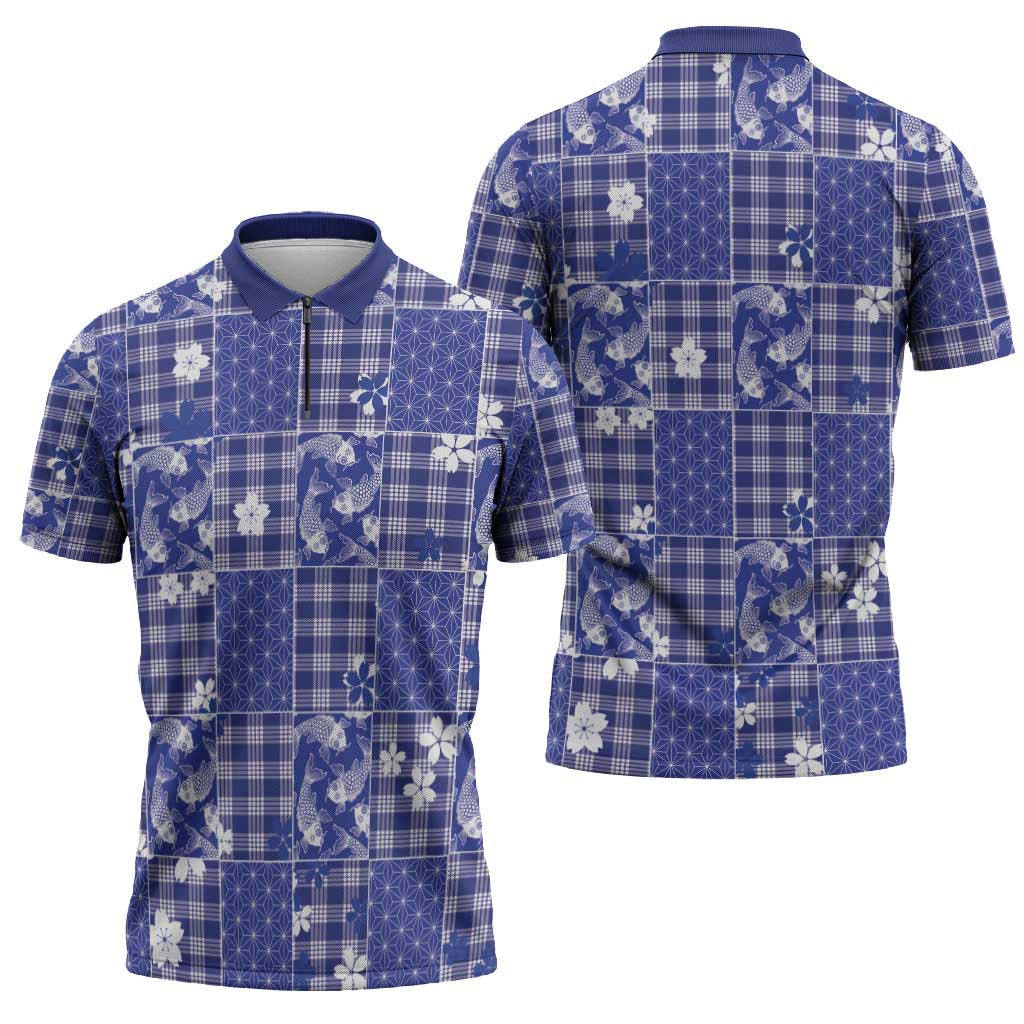 Blue Palaka Japanese Patterns Zipper Polo Shirt Koi Fish Asanoha Sakura Patchwork Stylized - Polynesian Pride