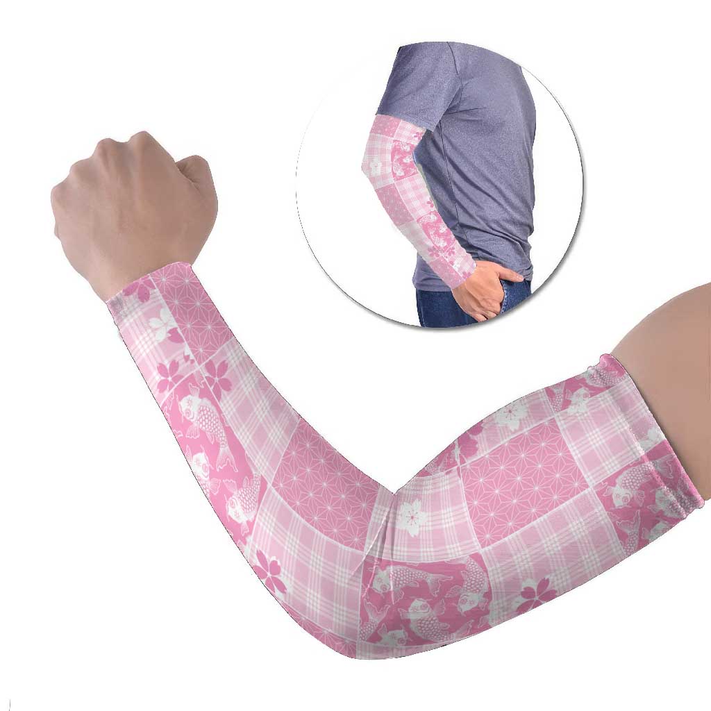 Pink Palaka Japanese Patterns Arm Sleeves Koi Fish Asanoha Sakura Patchwork Stylized LT14 Set of 2 Pink - Polynesian Pride