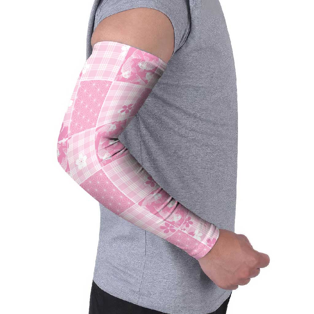 Pink Palaka Japanese Patterns Arm Sleeves Koi Fish Asanoha Sakura Patchwork Stylized LT14 - Polynesian Pride