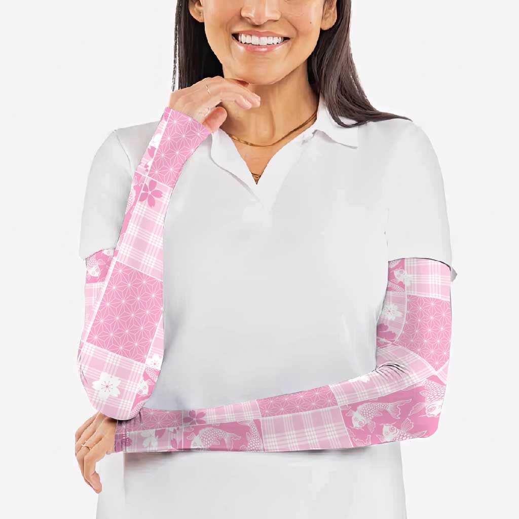 Pink Palaka Japanese Patterns Arm Sleeves Koi Fish Asanoha Sakura Patchwork Stylized LT14 - Polynesian Pride