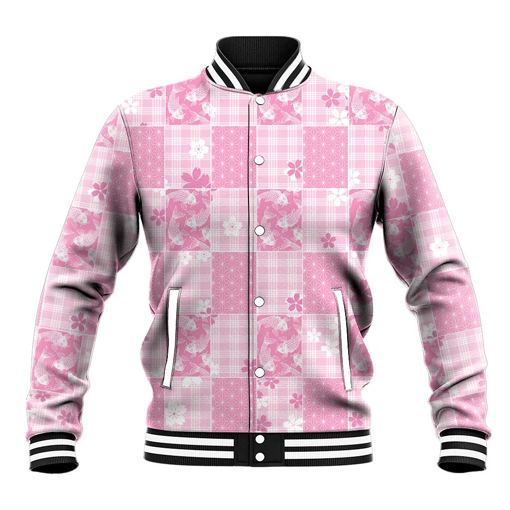 Pink Palaka Japanese Patterns Baseball Jacket Koi Fish Asanoha Sakura Patchwork Stylized - Polynesian Pride