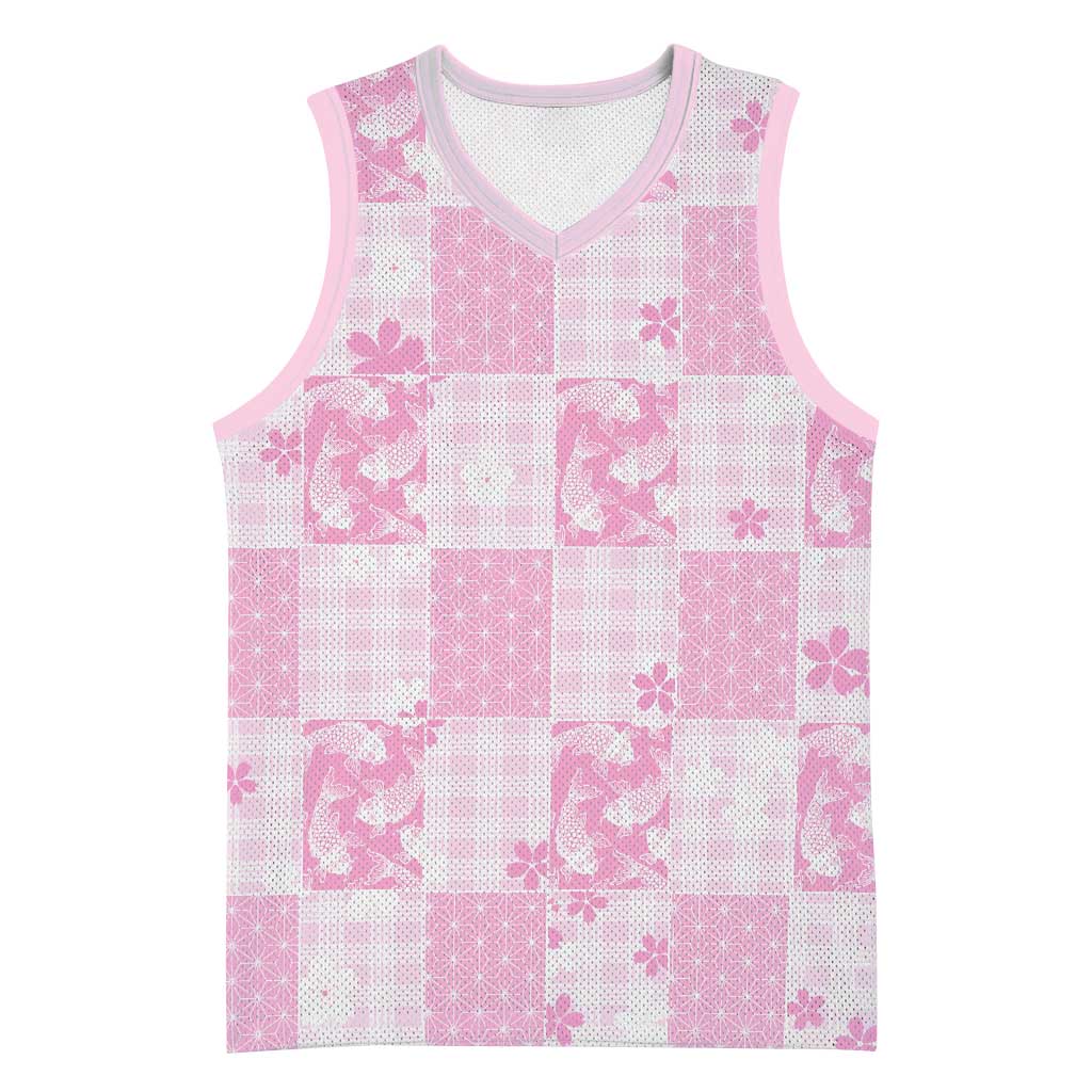 Pink Palaka Japanese Patterns Basketball Jersey Koi Fish Asanoha Sakura Patchwork Stylized LT14 Unisex Pink - Polynesian Pride