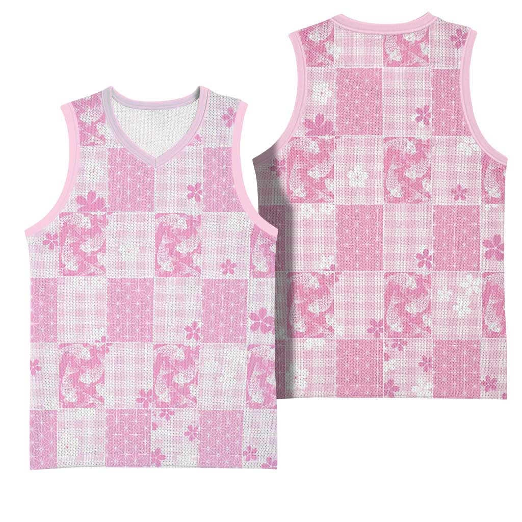 Pink Palaka Japanese Patterns Basketball Jersey Koi Fish Asanoha Sakura Patchwork Stylized LT14 - Polynesian Pride