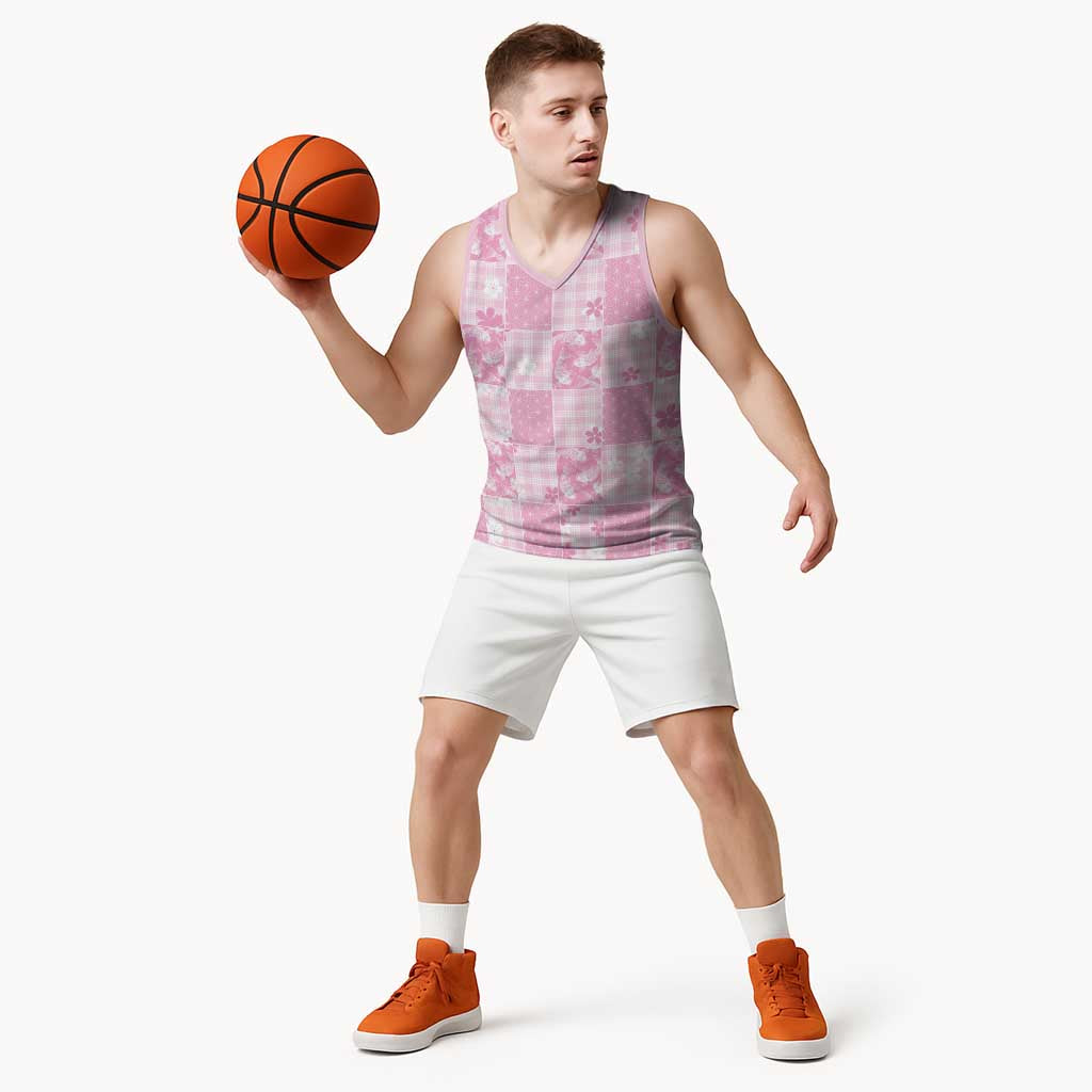 Pink Palaka Japanese Patterns Basketball Jersey Koi Fish Asanoha Sakura Patchwork Stylized LT14 - Polynesian Pride