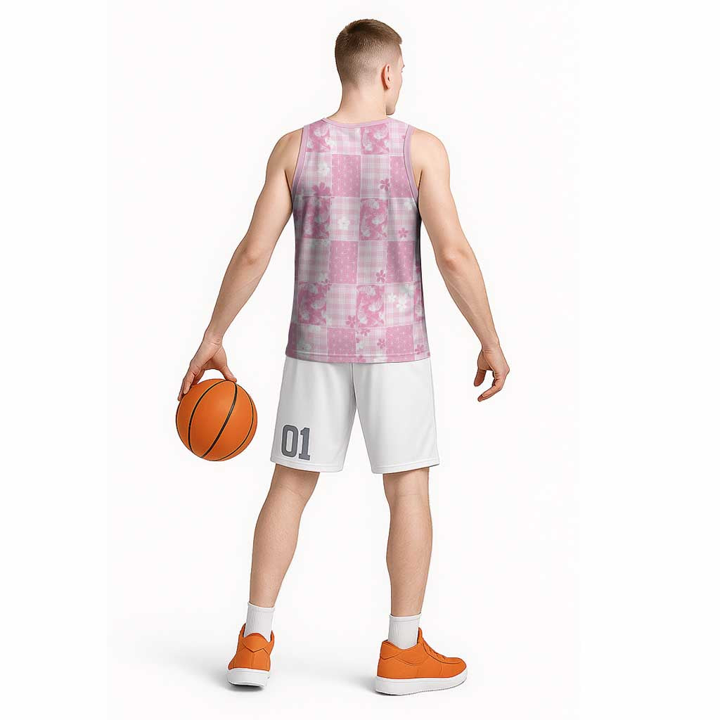 Pink Palaka Japanese Patterns Basketball Jersey Koi Fish Asanoha Sakura Patchwork Stylized LT14 - Polynesian Pride