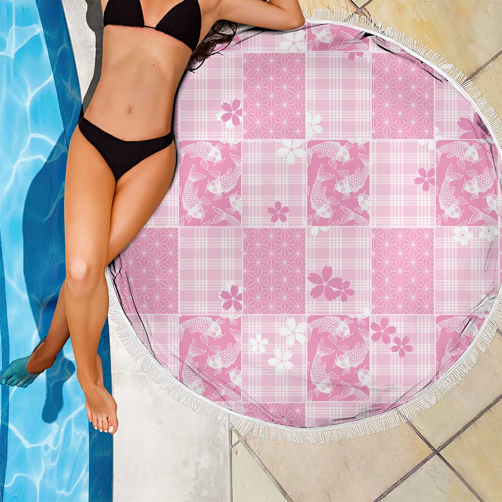 Pink Palaka Japanese Patterns Beach Blanket Koi Fish Asanoha Sakura Patchwork Stylized LT14 - Polynesian Pride