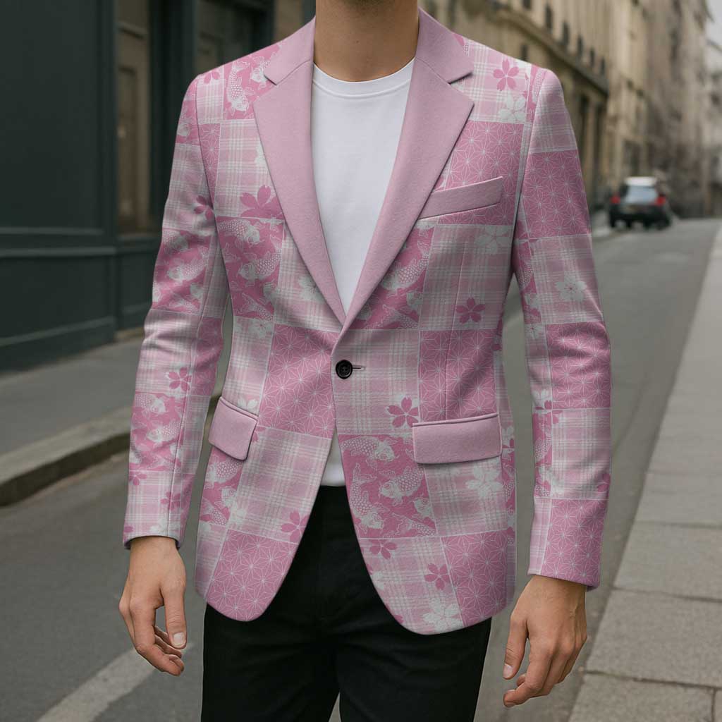 Pink Palaka Japanese Patterns Blazer Koi Fish Asanoha Sakura Patchwork Stylized LT14 - Polynesian Pride