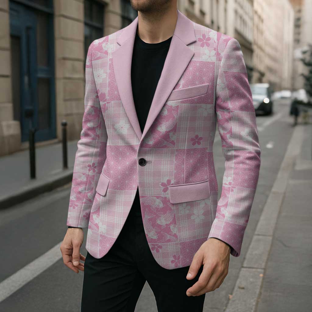 Pink Palaka Japanese Patterns Blazer Koi Fish Asanoha Sakura Patchwork Stylized LT14 - Polynesian Pride