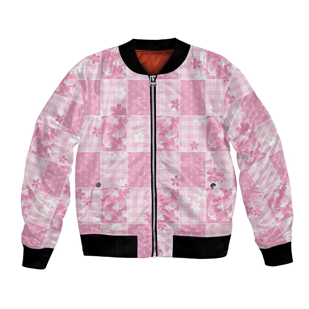 Pink Palaka Japanese Patterns Bomber Jacket Koi Fish Asanoha Sakura Patchwork Stylized LT14 Unisex Pink - Polynesian Pride