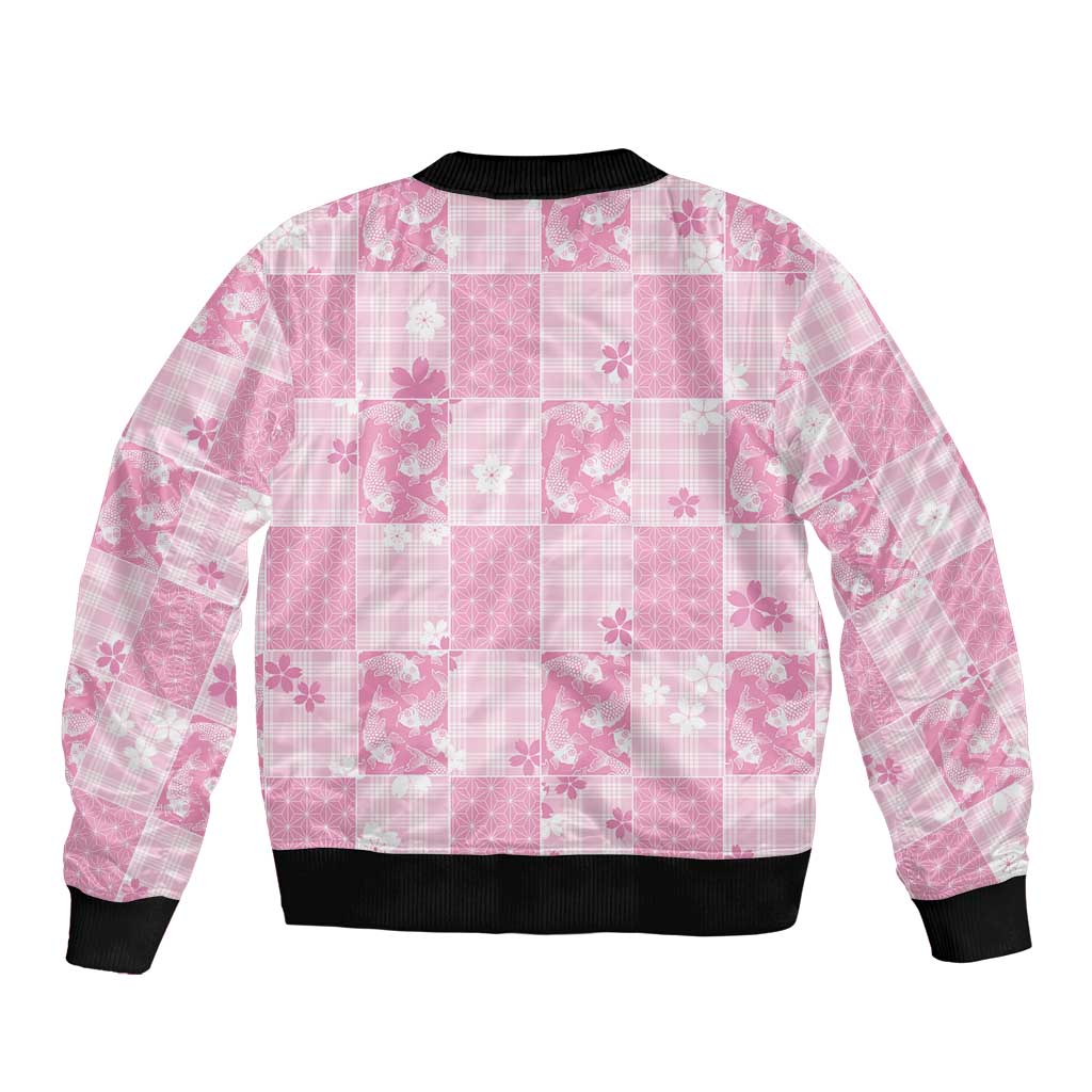 Pink Palaka Japanese Patterns Bomber Jacket Koi Fish Asanoha Sakura Patchwork Stylized LT14 - Polynesian Pride