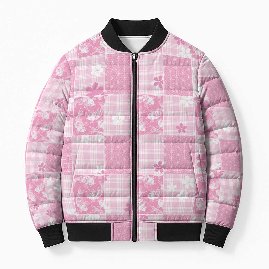 Pink Palaka Japanese Patterns Bomber Puffer Jacket Koi Fish Asanoha Sakura Patchwork Stylized LT14 Unisex Pink - Polynesian Pride
