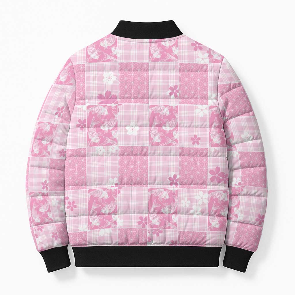 Pink Palaka Japanese Patterns Bomber Puffer Jacket Koi Fish Asanoha Sakura Patchwork Stylized LT14 - Polynesian Pride