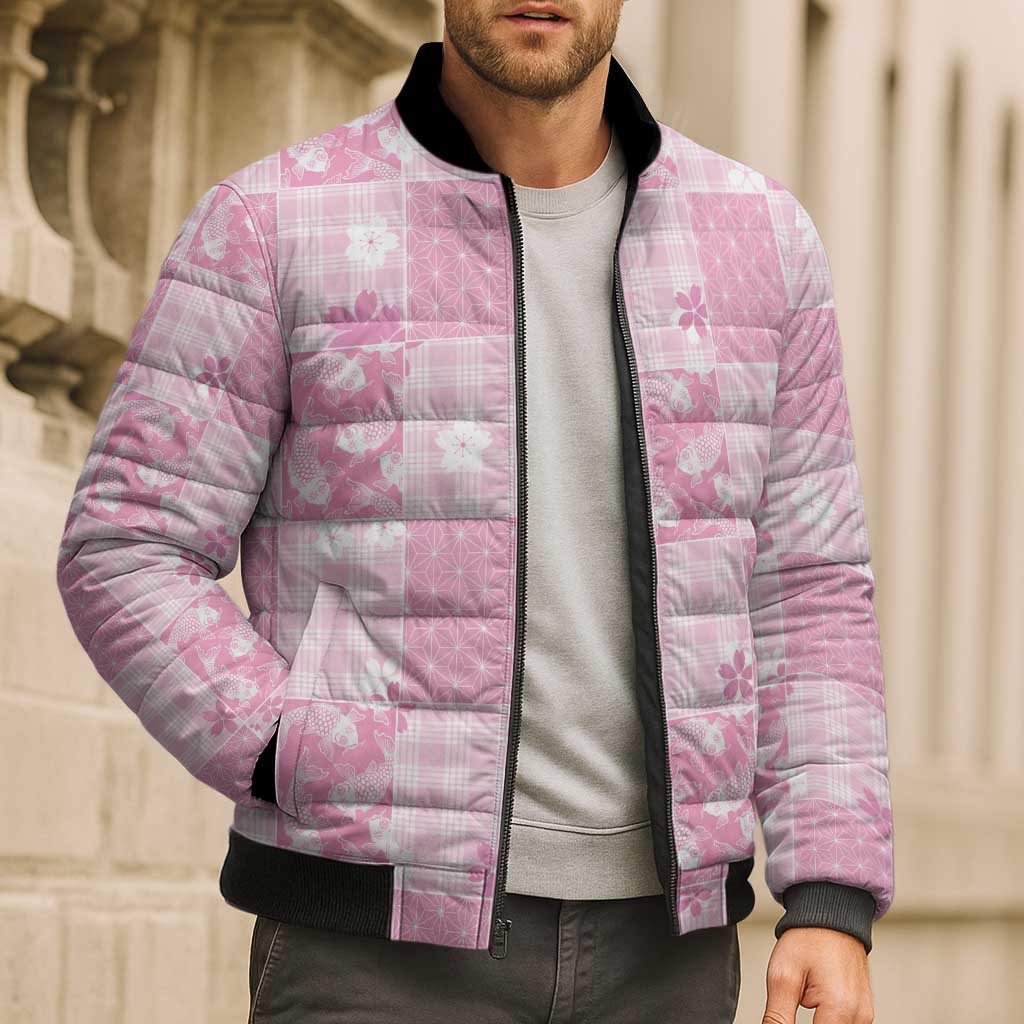 Pink Palaka Japanese Patterns Bomber Puffer Jacket Koi Fish Asanoha Sakura Patchwork Stylized LT14 - Polynesian Pride