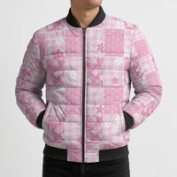 Pink Palaka Japanese Patterns Bomber Puffer Jacket Koi Fish Asanoha Sakura Patchwork Stylized LT14 - Polynesian Pride
