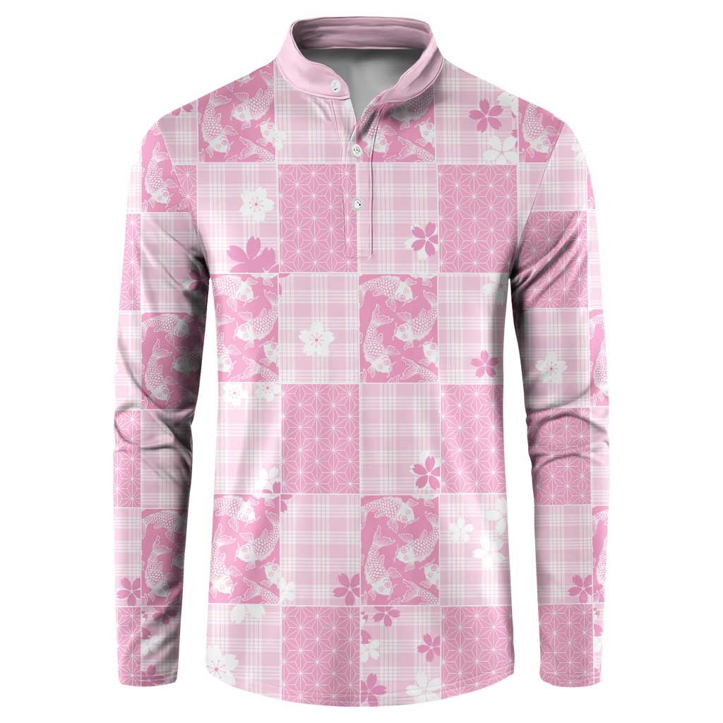 Pink Palaka Japanese Patterns Button Sweatshirt Koi Fish Asanoha Sakura Patchwork Stylized LT14 Pink - Polynesian Pride