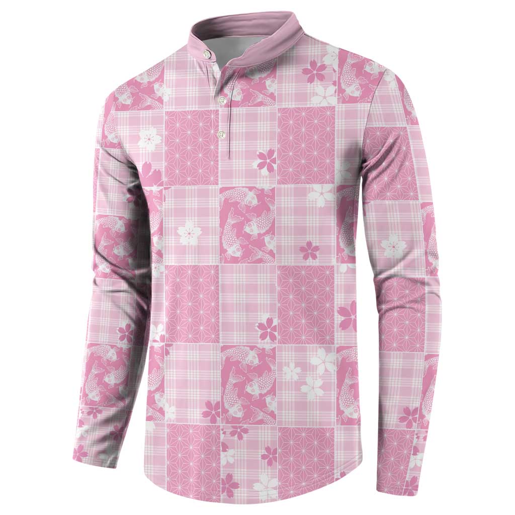 Pink Palaka Japanese Patterns Button Sweatshirt Koi Fish Asanoha Sakura Patchwork Stylized LT14 - Polynesian Pride