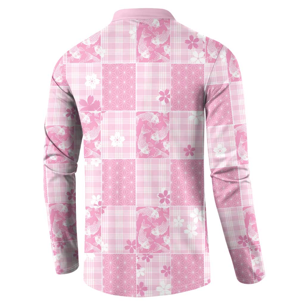 Pink Palaka Japanese Patterns Button Sweatshirt Koi Fish Asanoha Sakura Patchwork Stylized LT14 - Polynesian Pride