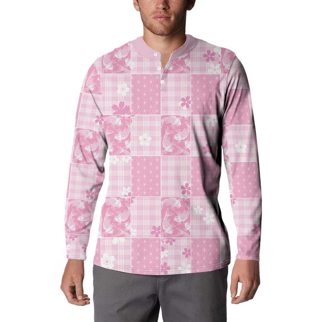 Pink Palaka Japanese Patterns Button Sweatshirt Koi Fish Asanoha Sakura Patchwork Stylized LT14 - Polynesian Pride