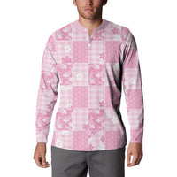Pink Palaka Japanese Patterns Button Sweatshirt Koi Fish Asanoha Sakura Patchwork Stylized LT14 - Polynesian Pride
