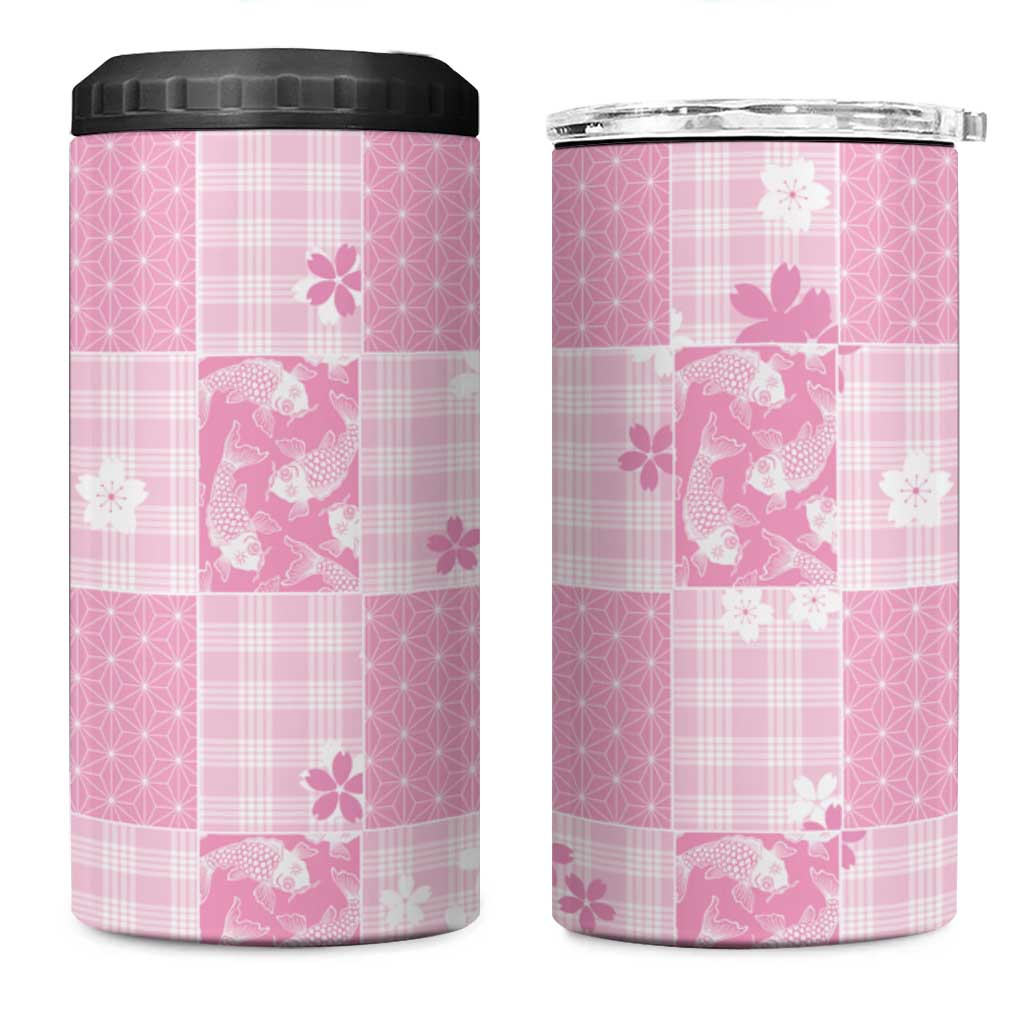 Pink Palaka Japanese Patterns 4 in 1 Can Cooler Tumbler Koi Fish Asanoha Sakura Patchwork Stylized - Polynesian Pride