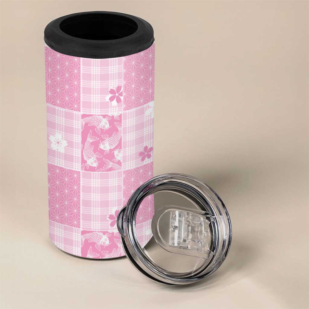 Pink Palaka Japanese Patterns 4 in 1 Can Cooler Tumbler Koi Fish Asanoha Sakura Patchwork Stylized - Polynesian Pride
