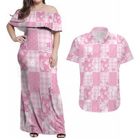 Pink Palaka Japanese Patterns Couples Matching Off Shoulder Maxi Dress and Hawaiian Shirt Koi Fish Asanoha Sakura Patchwork Stylized LT14 Pink - Polynesian Pride